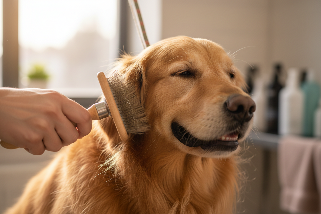 dog getting brushed handheld brush